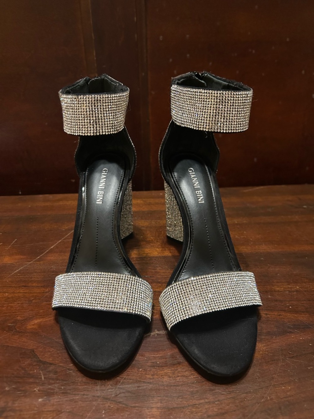 Gianni Bini Black Heels with Crystal-Embellished Straps